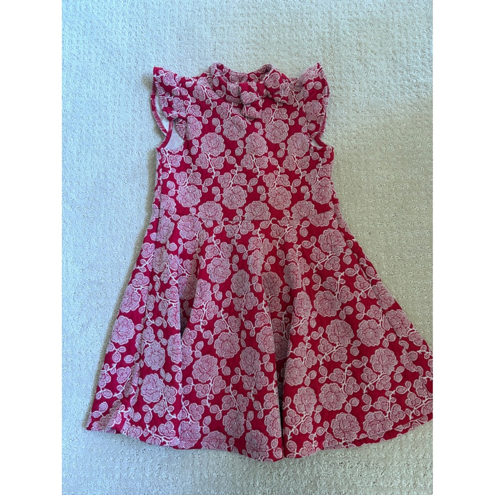 Janie and Jack Floral Jacquard Dress Girls Size 5 Red Flutter Sleeve Ruffle Neck